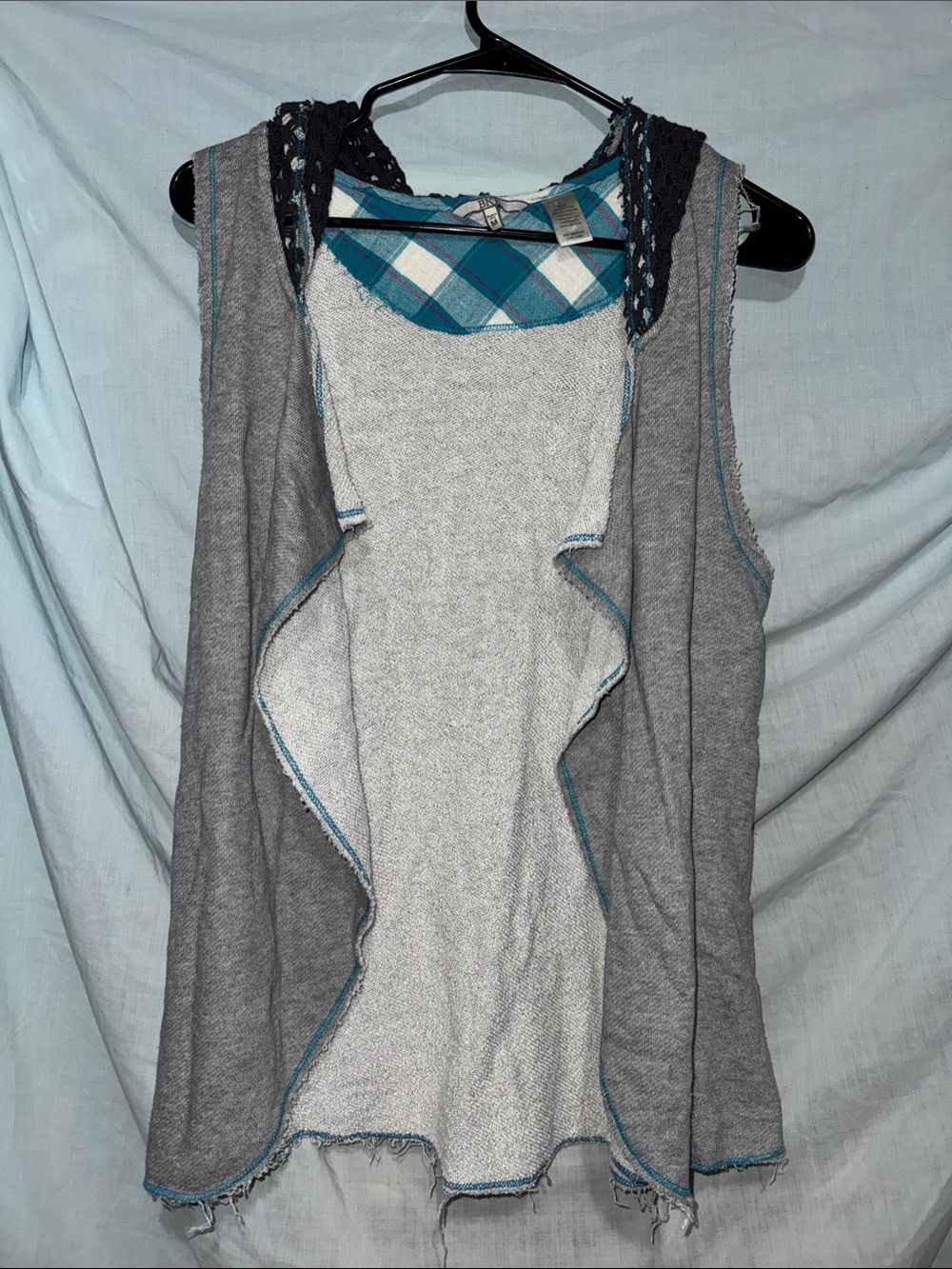 BKE Gray Hooded Draped Vest with Teal Plaid Trim